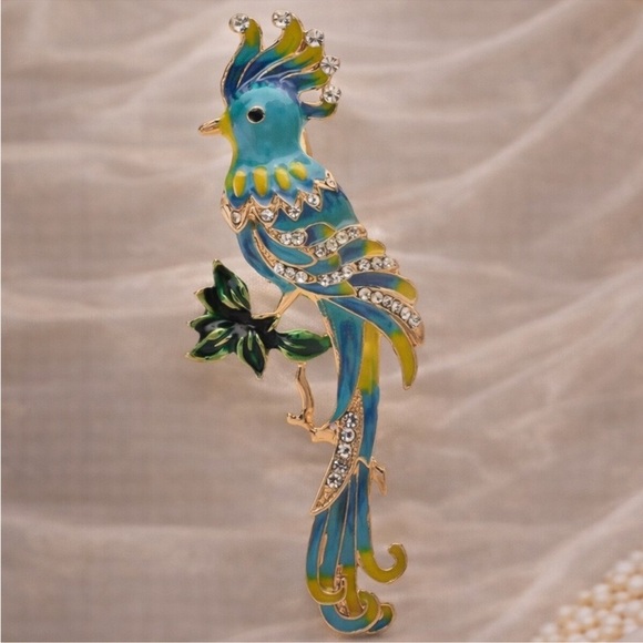 Colorful Bird Blue Gold Brooch - Picture 3 of 6